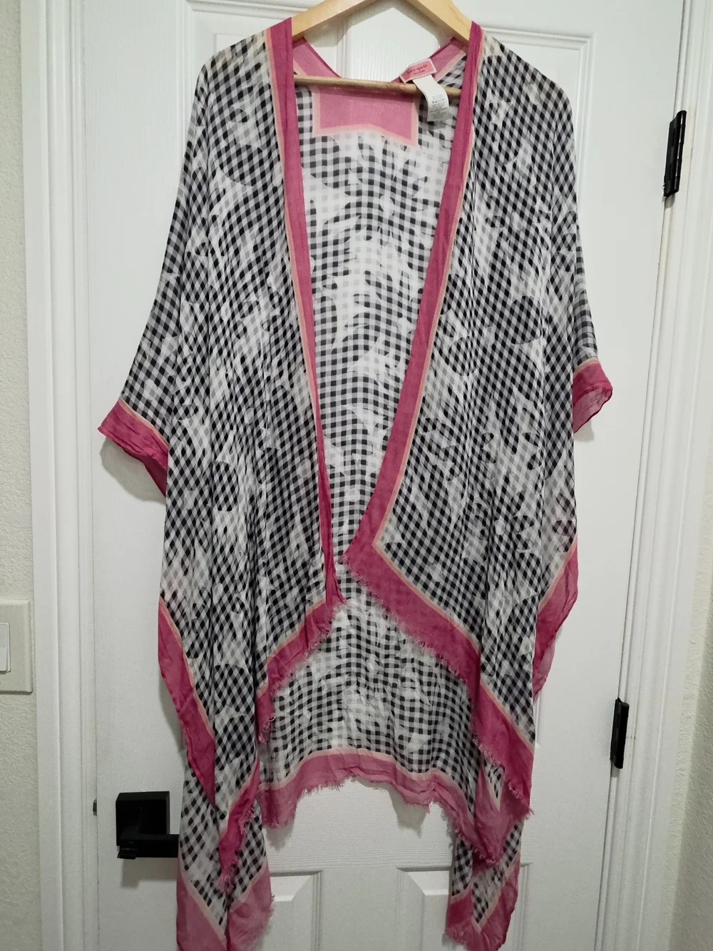 kate spade Black and White Checked Floral Kimono Coverall with Pink Trim